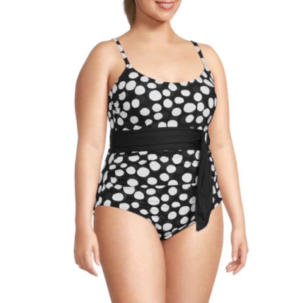 La Blanca 'Mod For Dot' Belted One-Piece Polka-Dot Swimsuit, Black/White
